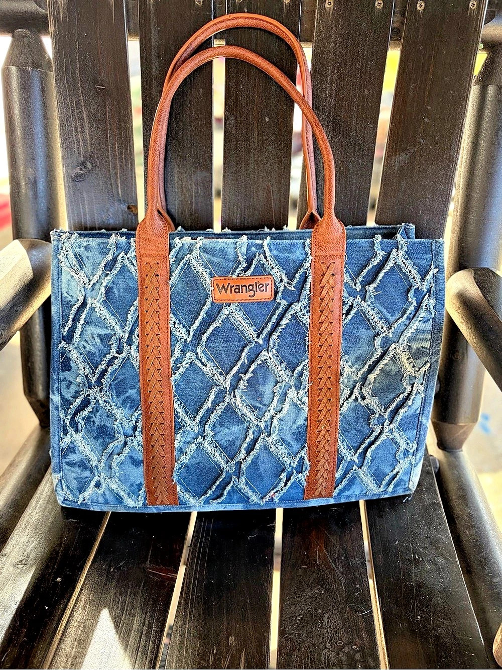 Wrangler Frayed Fringe Dual Sided Canvas Wide Denim Tote Denim Tote Bag Blue &